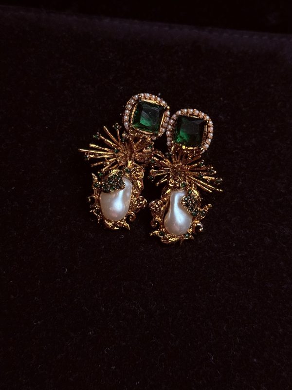 Dewdrop Pearl Earrings with crystal accents in Green