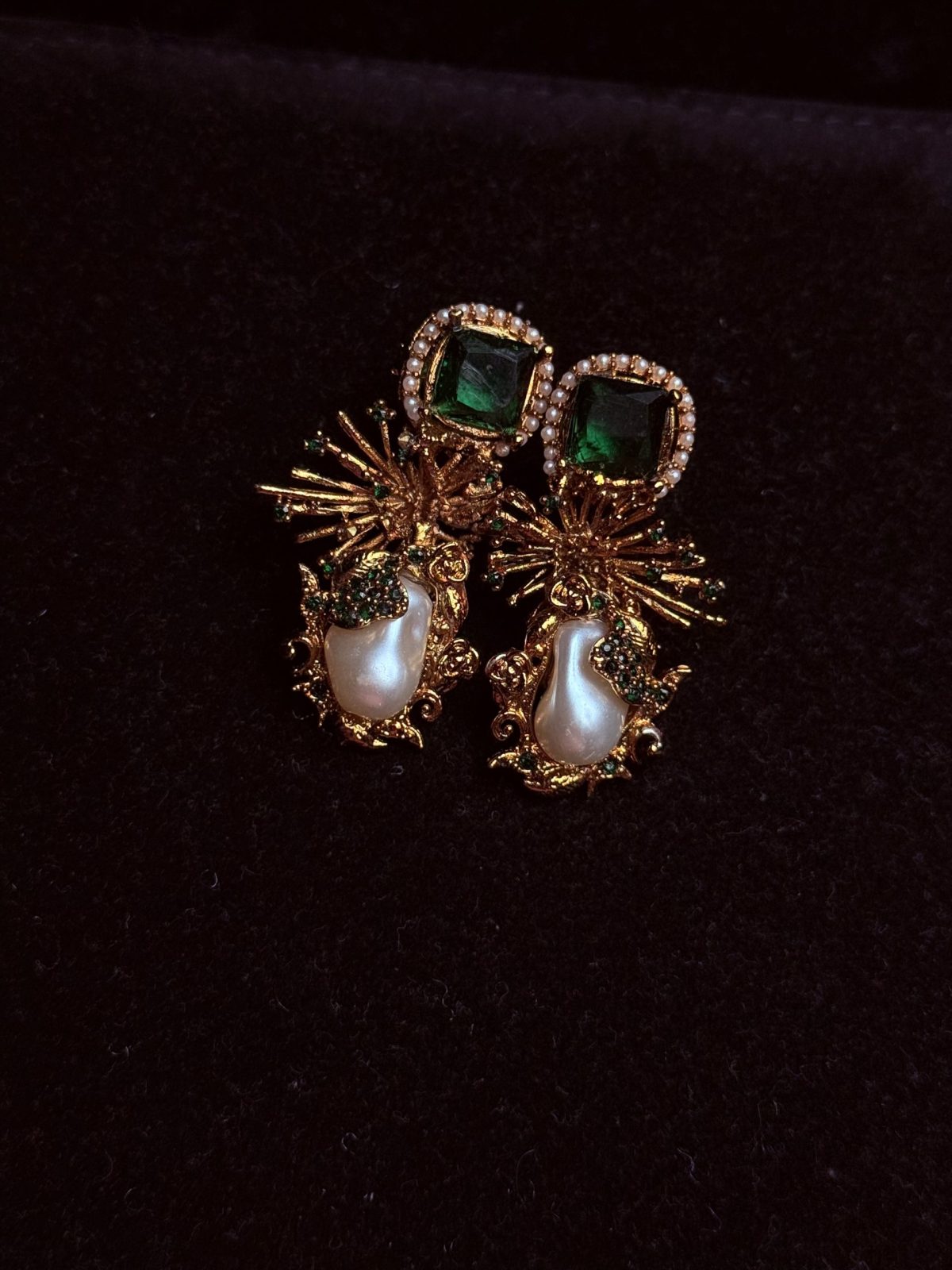 Dewdrop Pearl Earrings with crystal accents in Green