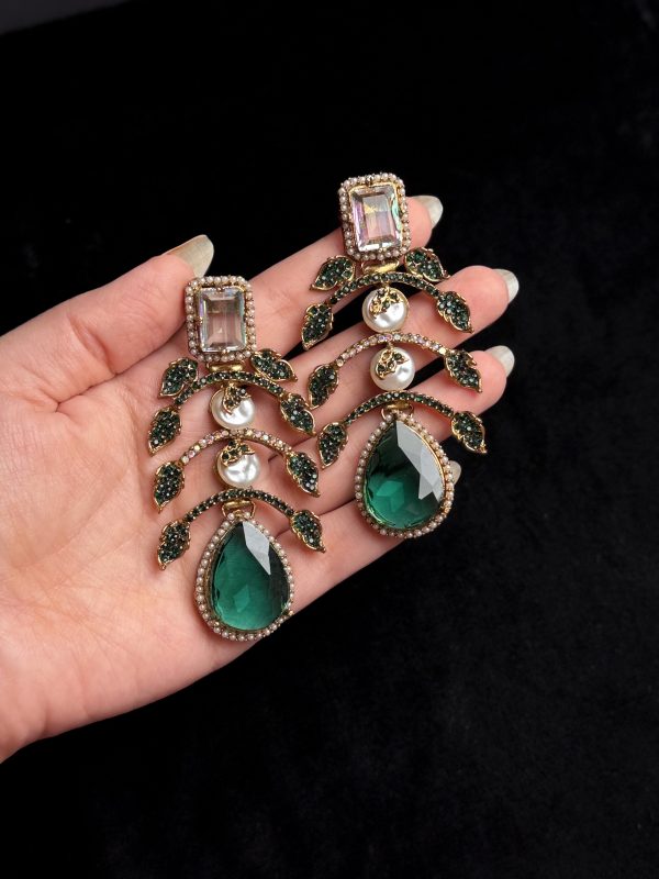 Doublet Palm Leaf Gemstone Drop Earrings in Green