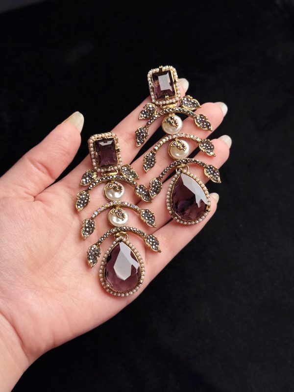 Doublet Palm Leaf Gemstone Drop Earrings in Purple