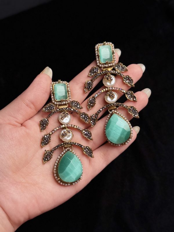 Doublet Palm Leaf Gemstone Drop Earrings in Sea Green