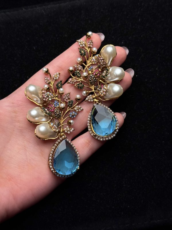 Elora Bloom Pearl & Gem Drop Earrings Aqua/multi