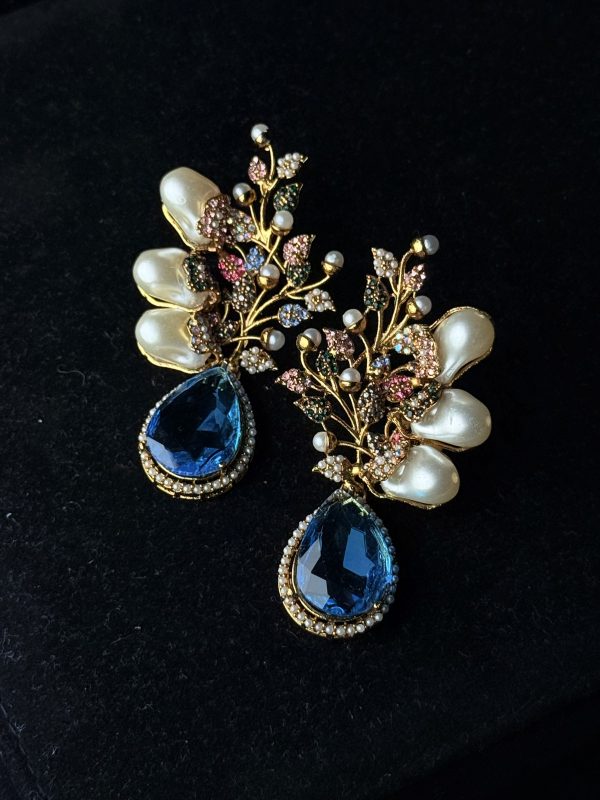 Elora Bloom Pearl & Gem Drop Earrings Aqua/multi