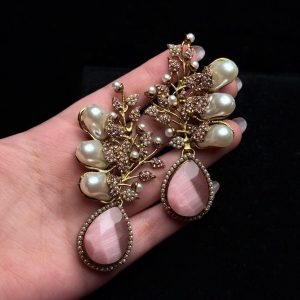 Elora Bloom Pearl & Gem Drop Earrings Baby Pink