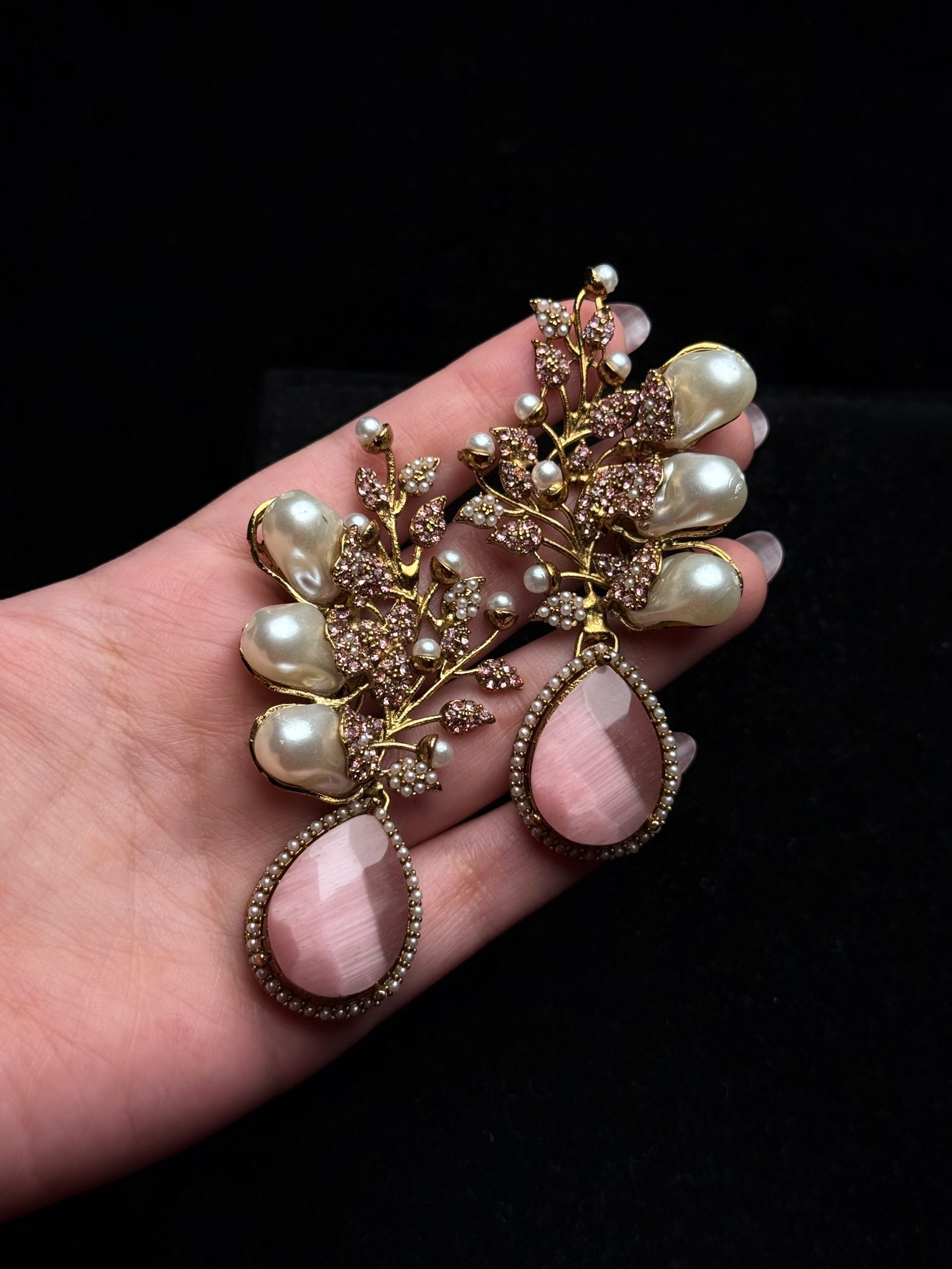 Elora Bloom Pearl & Gem Drop Earrings Baby Pink