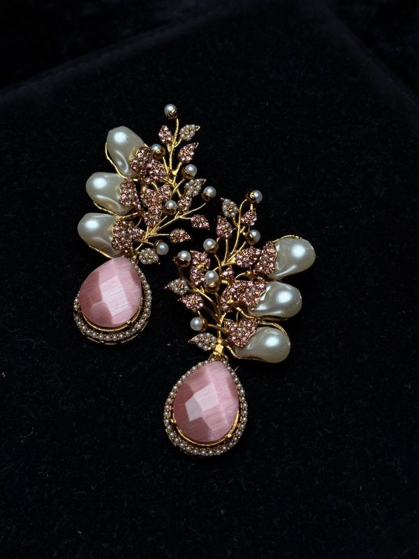 Elora Bloom Pearl & Gem Drop Earrings Baby Pink