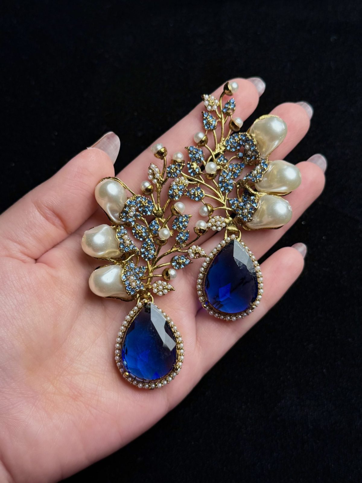 Elora Bloom Pearl & Gem Drop Earrings Blue