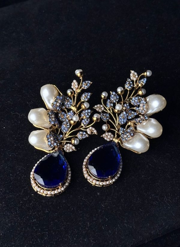 Elora Bloom Pearl & Gem Drop Earrings Blue