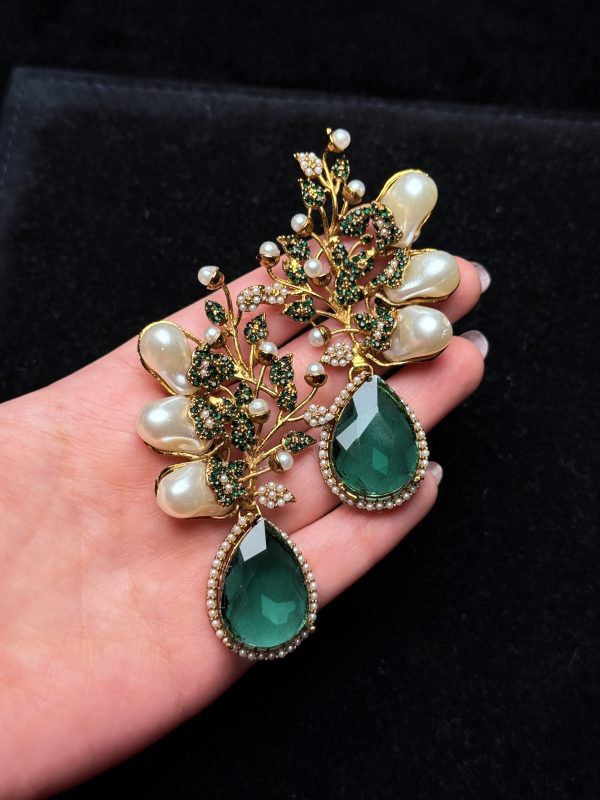 Elora Bloom Pearl & Gem Drop Earrings green