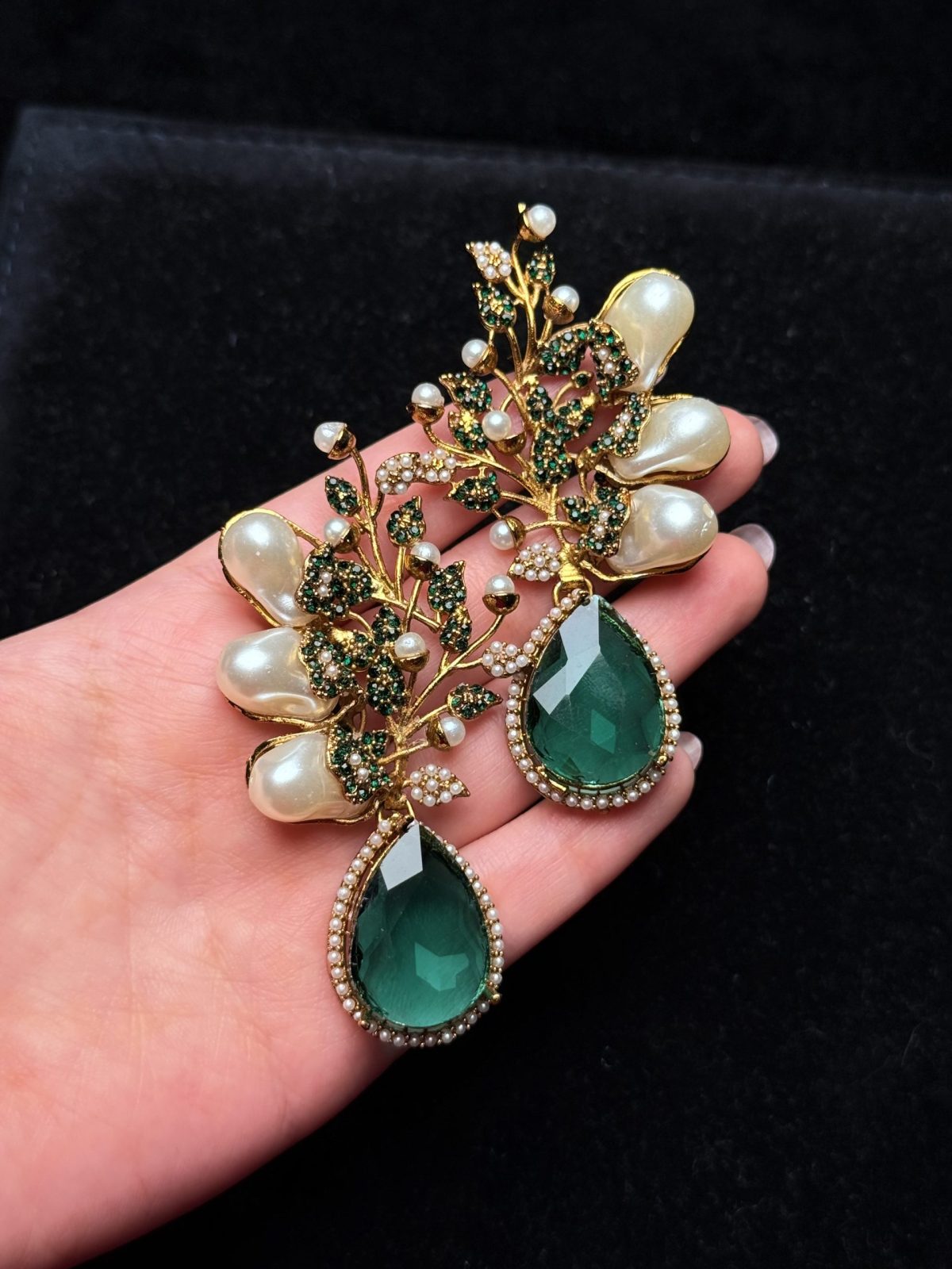 Elora Bloom Pearl & Gem Drop Earrings green