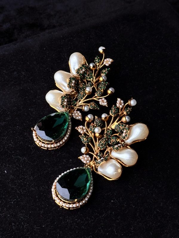 Elora Bloom Pearl & Gem Drop Earrings green