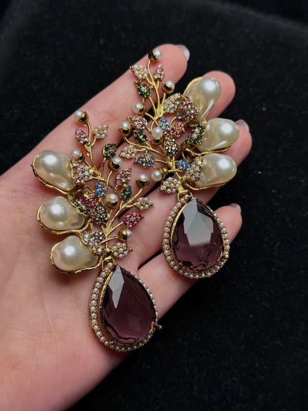 Elora Bloom Pearl & Gem Drop Earrings plum/multi
