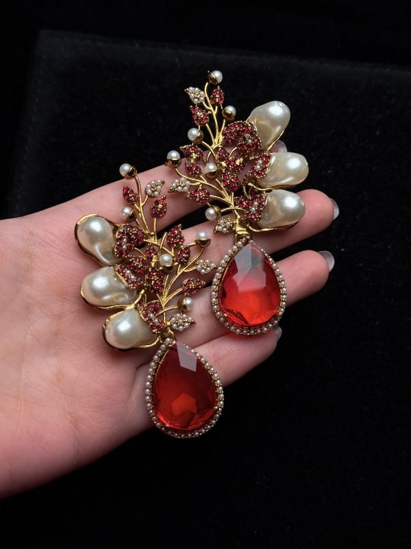 Elora Bloom Pearl & Gem Drop Earrings Red