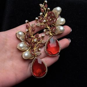 Elora Bloom Pearl & Gem Drop Earrings Red
