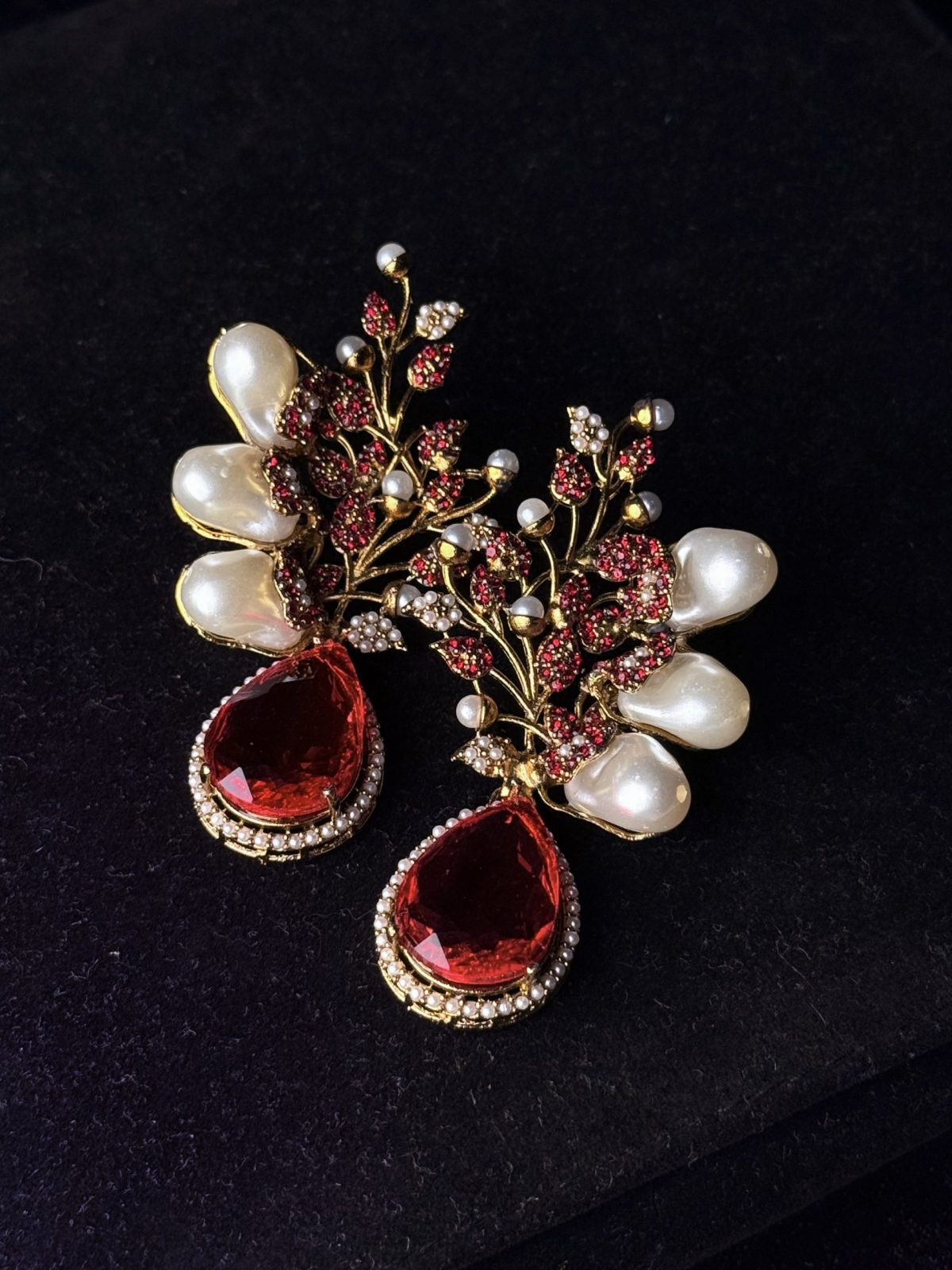 Elora Bloom Pearl & Gem Drop Earrings Red
