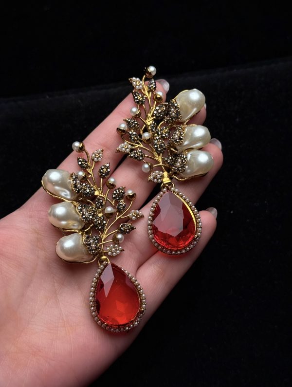 Elora Bloom Pearl & Gem Drop Earrings Red&black