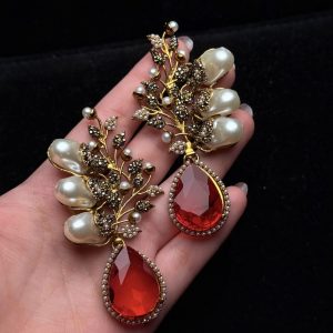 Elora Bloom Pearl & Gem Drop Earrings Red&black