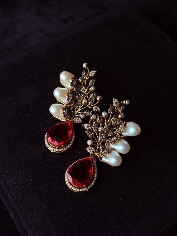 Elora Bloom Pearl & Gem Drop Earrings Red&black