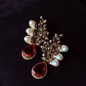 Elora Bloom Pearl & Gem Drop Earrings Red&black