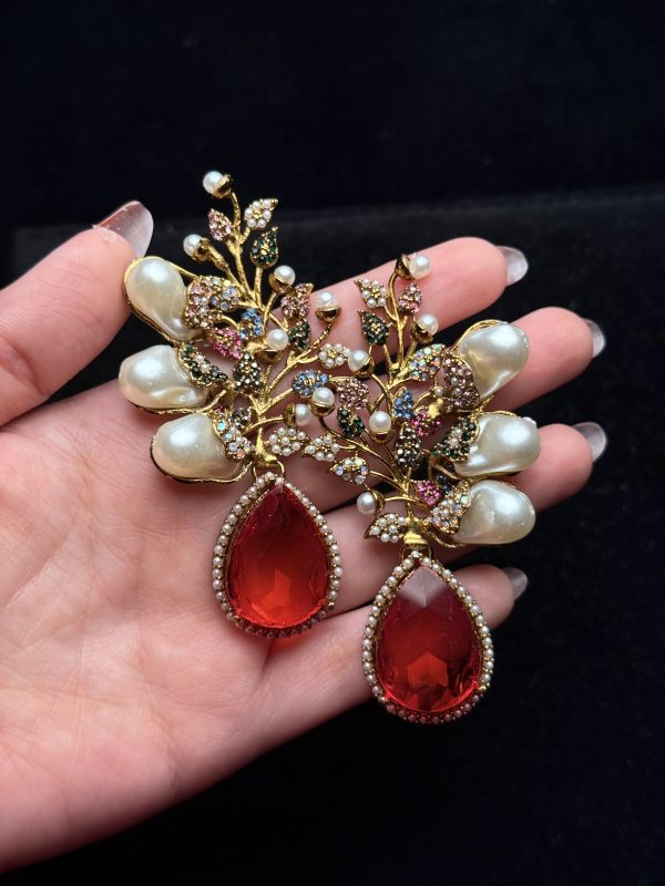 Elora Bloom Pearl & Gem Drop Earrings red/multi
