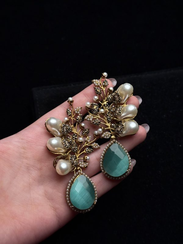 Elora Bloom Pearl & Gem Drop Earrings Sea Green