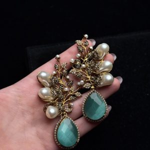 Elora Bloom Pearl & Gem Drop Earrings Sea Green