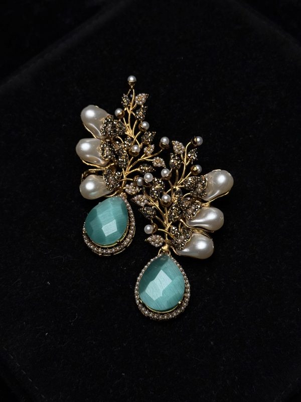 Elora Bloom Pearl & Gem Drop Earrings Sea Green
