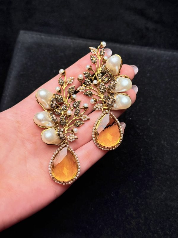 Elora Bloom Pearl & Gem Drop Earrings yellow