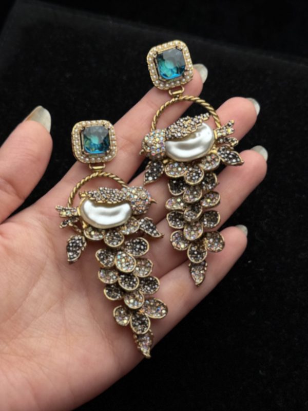 Fleur Orchard cascade earrings with crystals and a baroque pearl in aqua