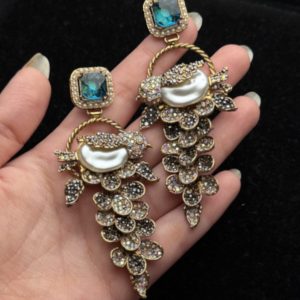 Fleur Orchard cascade earrings with crystals and a baroque pearl in aqua