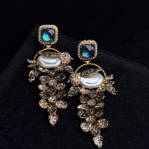 Fleur Orchard cascade earrings with crystals and a baroque pearl in aqua