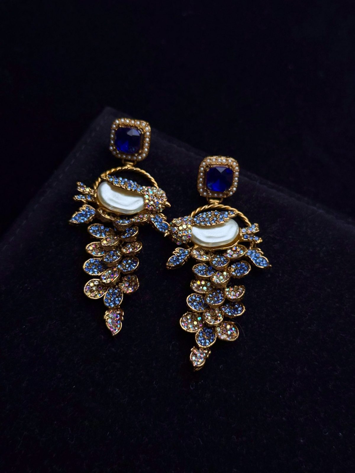 Fleur Orchard cascade earrings with crystals and a baroque pearl in blue