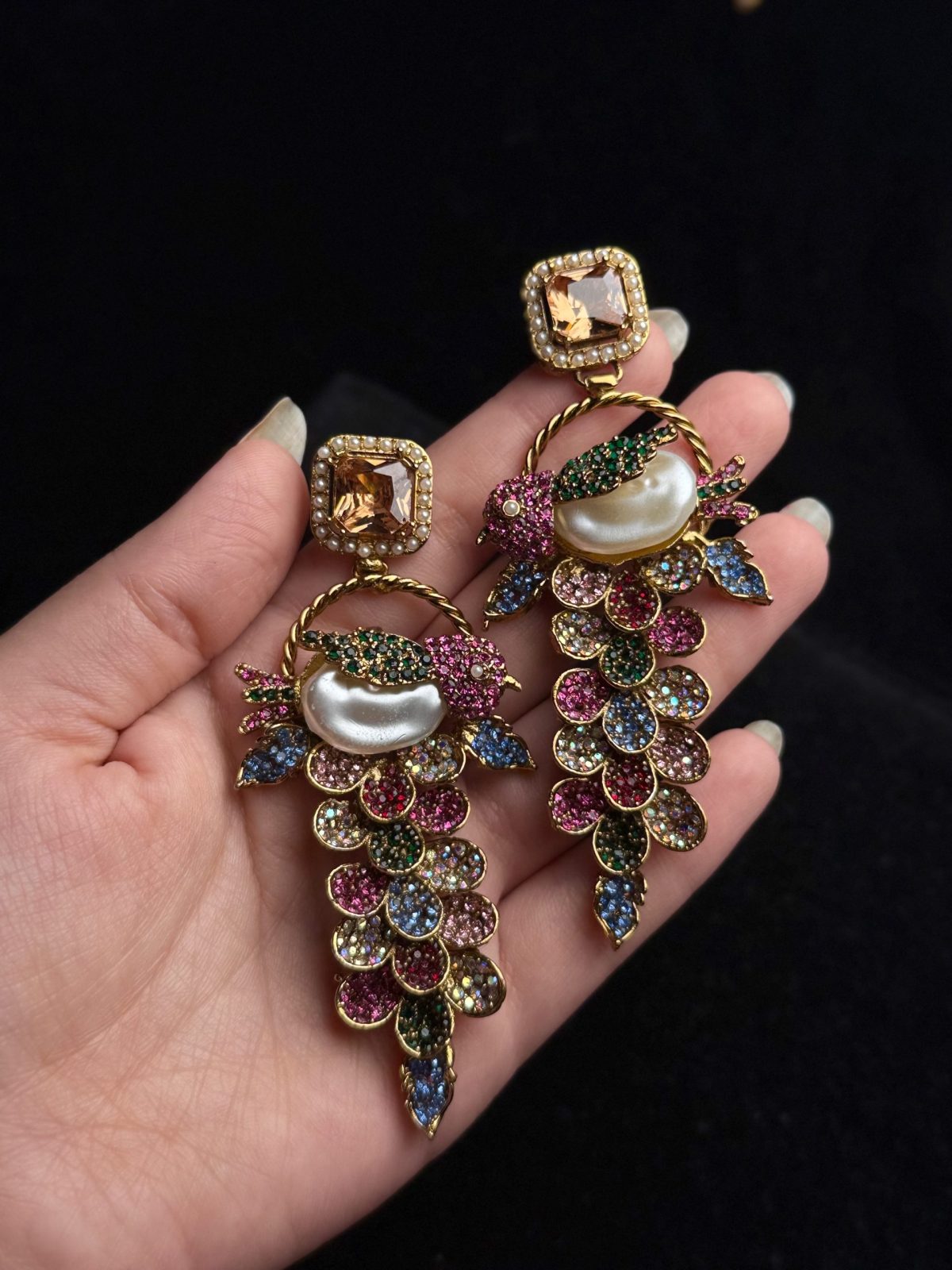 Fleur Orchard cascade earrings with crystals and a baroque pearl in champagne with multi