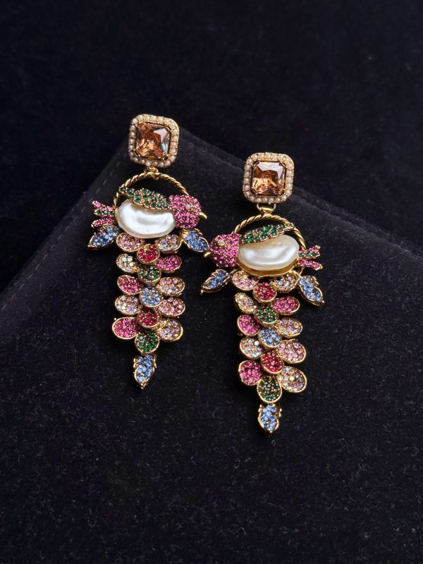 Fleur Orchard cascade earrings with crystals and a baroque pearl in champagne with multi