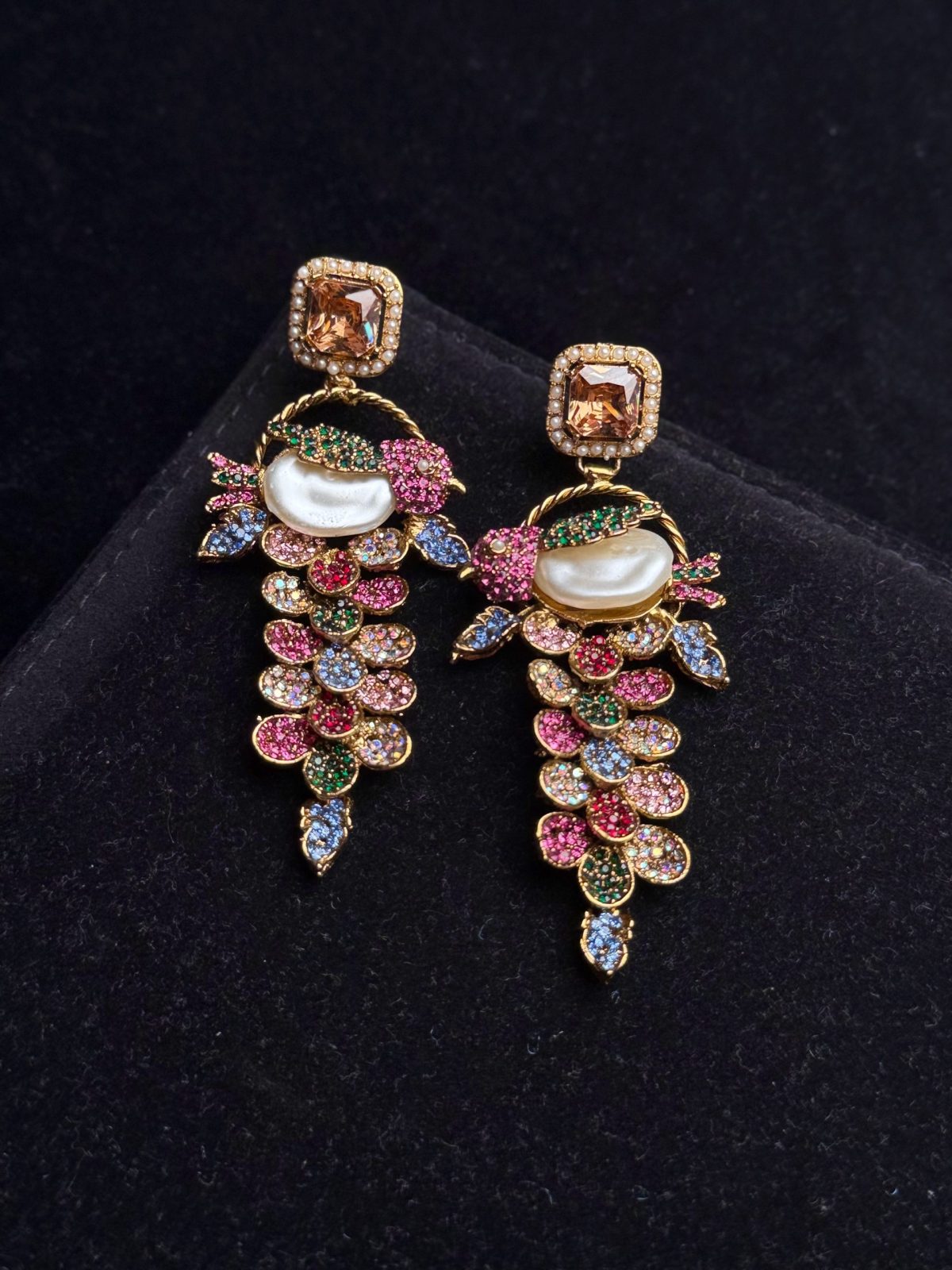 Fleur Orchard cascade earrings with crystals and a baroque pearl in champagne with multi