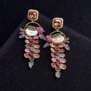 Fleur Orchard cascade earrings with crystals and a baroque pearl in champagne with multi