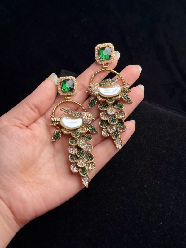 Fleur Orchard cascade earrings with crystals and a baroque pearl in green