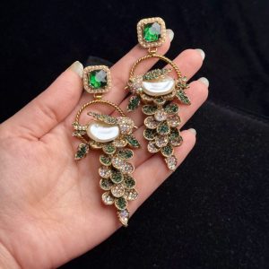 Fleur Orchard cascade earrings with crystals and a baroque pearl in green