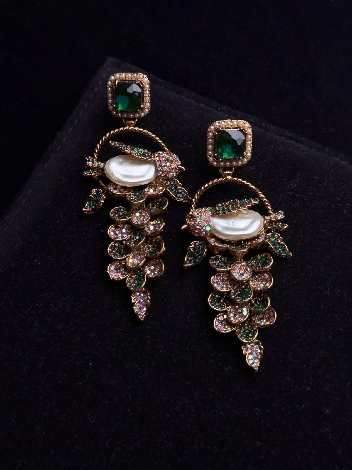 Fleur Orchard cascade earrings with crystals and a baroque pearl in green