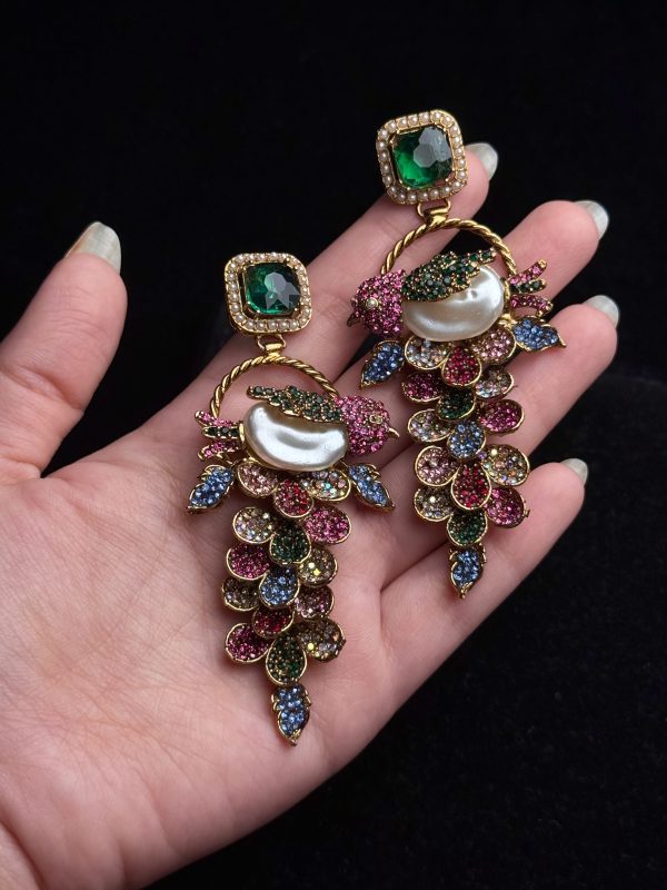 Fleur Orchard cascade earrings with crystals and a baroque pearl in green with multi