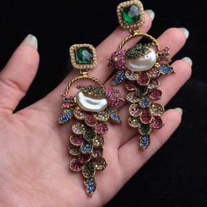 Fleur Orchard cascade earrings with crystals and a baroque pearl in green with multi