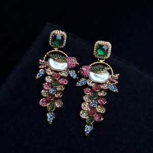 Fleur Orchard cascade earrings with crystals and a baroque pearl in green with multi