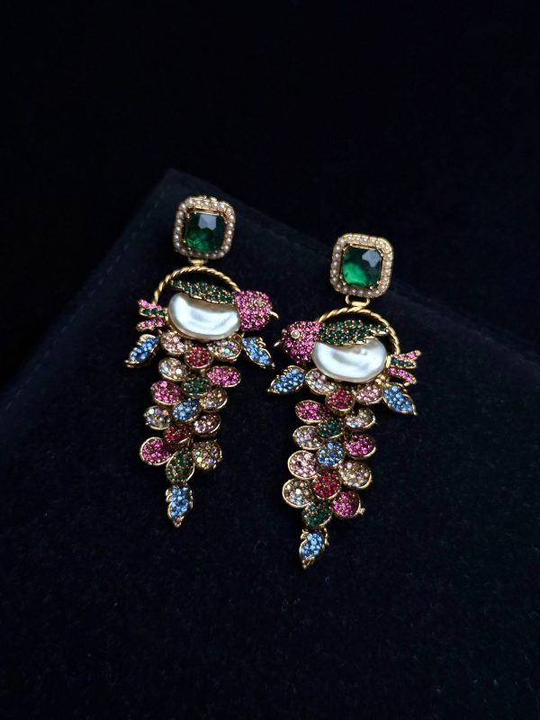 Fleur Orchard cascade earrings with crystals and a baroque pearl in green with multi