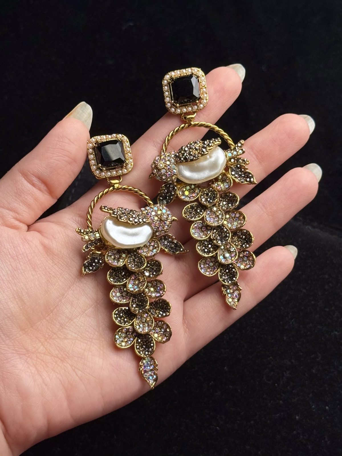 Fleur Orchard cascade earrings with crystals and a baroque pearl in black