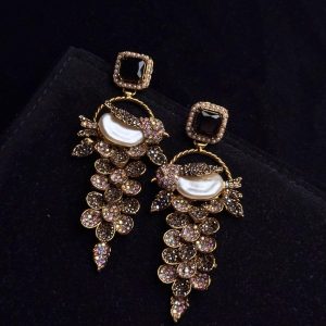 Fleur Orchard cascade earrings with crystals and a baroque pearl in black