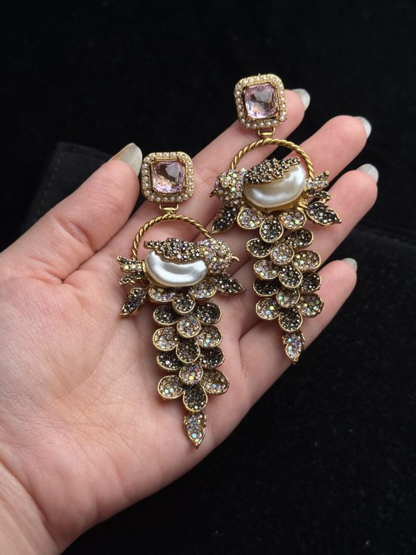Fleur Orchard cascade earrings with crystals and a baroque pearl in pastel pink