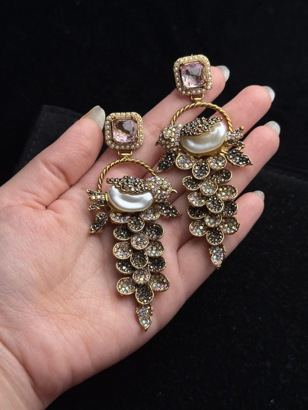 Fleur Orchard cascade earrings with crystals and a baroque pearl in pastel pink