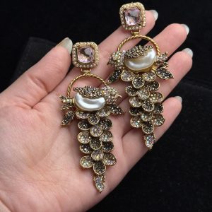 Fleur Orchard cascade earrings with crystals and a baroque pearl in pastel pink