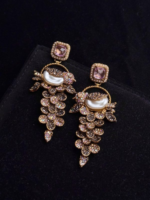 Fleur Orchard cascade earrings with crystals and a baroque pearl in pastel pink