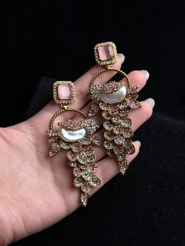 Fleur Orchard cascade earrings with crystals and a baroque pearl in pink